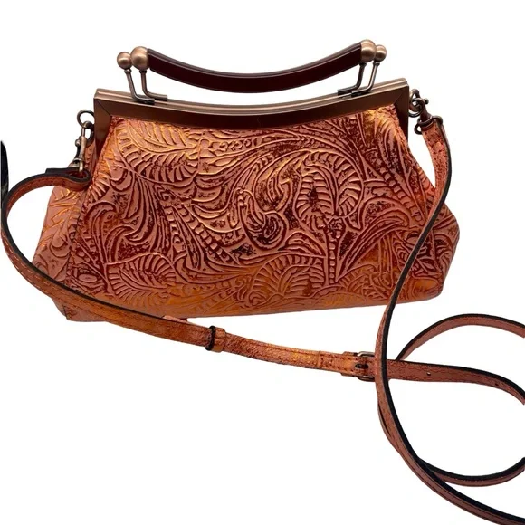 Patricia Nash Tooled Leather Bag Kiss Lock Kelmscott Coral Metallic Cross Body - Picture 3 of 11